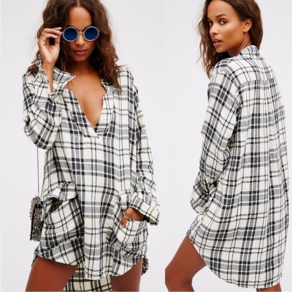 Free People CP Shades Checkmate Gauze Plaid Tunic Dress Navy White XS Coastal - Picture 1 of 15